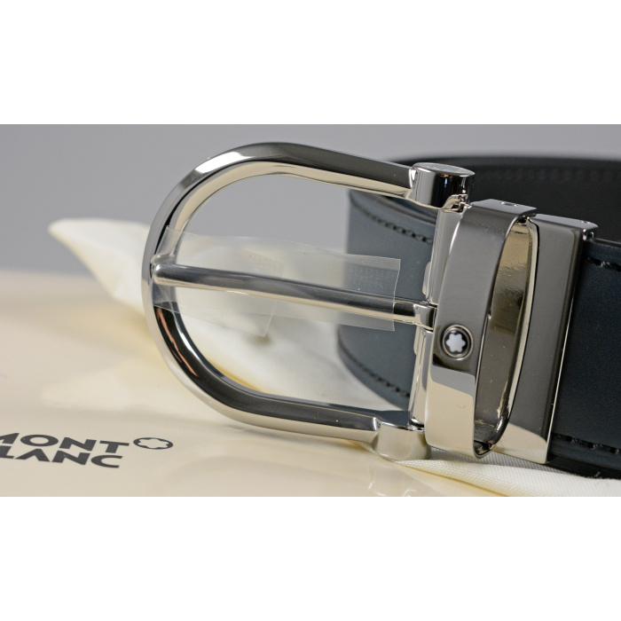 Montblanc Gürtel aus wendbarem Leder in Schwarz Blau mit hufeisenförmiger Schließe 128784_2 Montblanc Wendegürtel aus Leder in Schwarz/Blau mit hufeisenförmiger Schließe 128784 – Bild 2